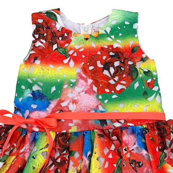 Halabaloo Girls Rainbow Floral Laser-Cut Dress 6X Polyester Cotton Blend Bow Acc - Picture 3 of 6